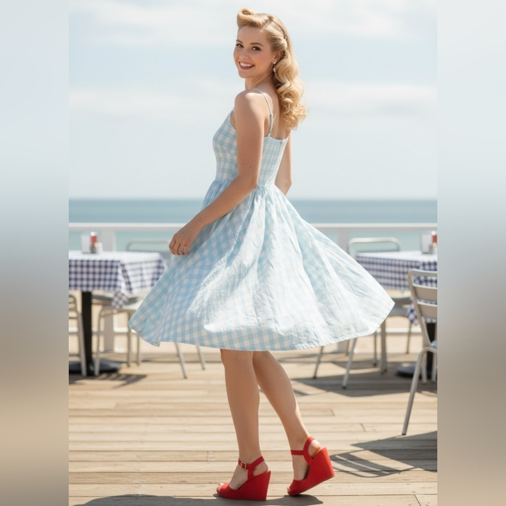 Lindy Bop Light Blue Plaid Gingham 50s Pin Up Style Dress Women Size Large NWT